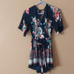 Source Unknown Floral Wrap Romper - Black and Red